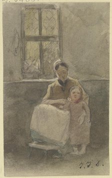 A woman sitting by a window holds a child standing beside her, c1840s. Creator: Jakob Dielmann.