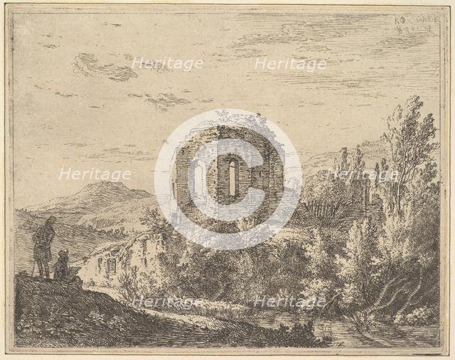 View of ruins showing the corner of a building with two arched windows, in a landscape wit..., 1658. Creator: Karel Du Jardin.