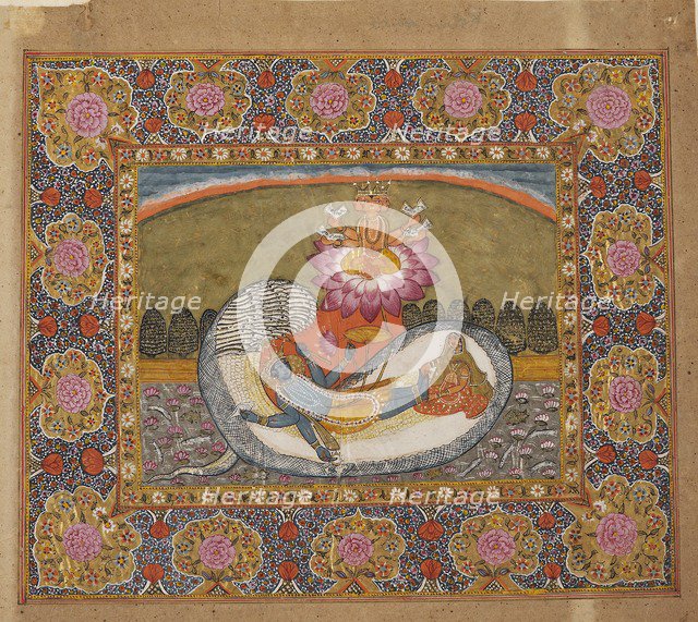 Vishnu and Lakshmi on the serpent Shesha, with Brahma on the lotus, possibly late 19th century. Artist: Unknown.