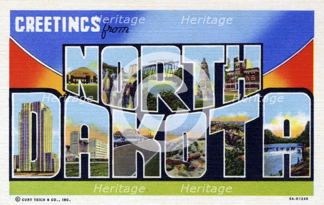 'Greetings from North Dakota', postcard, 1939. Artist: Unknown