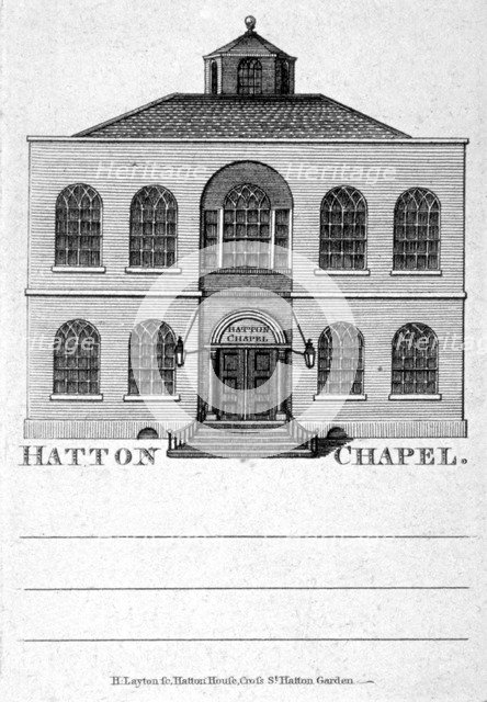 Front view of Hatton Chapel, Hatton Garden, London, c1750.                        Artist: Anon