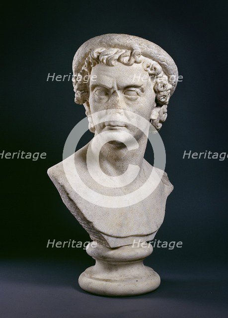 Roman marble bust of man wearing a wreath of olive leaves, c100. Artist: Unknown.