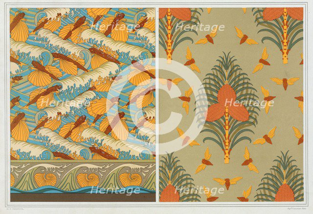 Designs for wallpaper "Flying Fish and Waves", pub. 1897. Creator: Maurice Pillard Verneuil (1869?1942).
