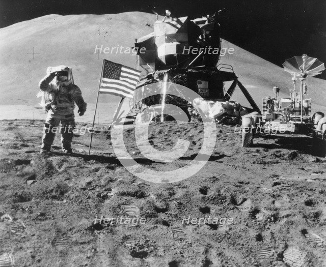James Irwin (1930-1991) salutes the American flag during the Apollo 15 mission, 1971. Artist: Unknown
