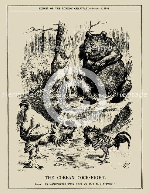The Korean Cock-Fight. Bruin: "Ha! - Whichever wins, I see my way to a dinner!" Punch, Aug 4, 1894. Creator: Tenniel, Sir John (1820-1914).