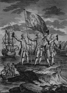 Bougainville raising the flag of France on a rock in the Strait of Magellan, engraving in the wor…