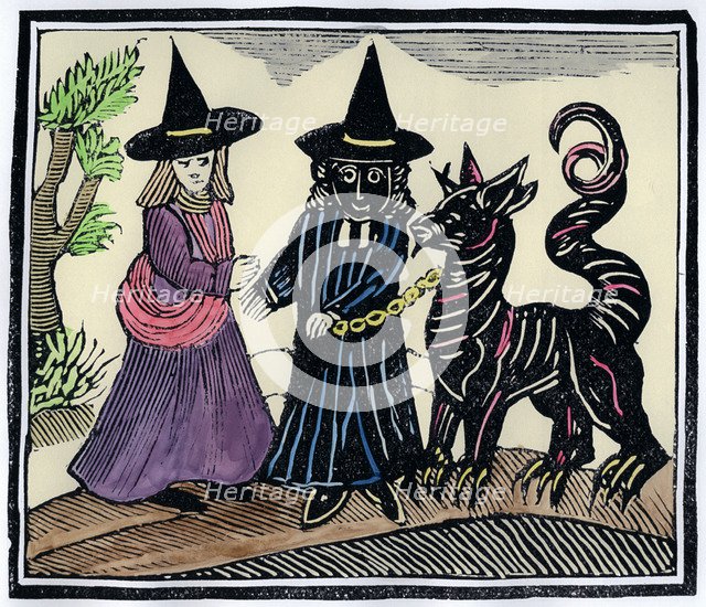 A black and a white witch with a devil animal. Artist: Unknown