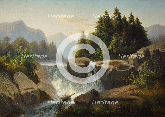 Mountain landscape with waterfall, c. 1853. Artist: Kosárek, Adolf (1830-1859)