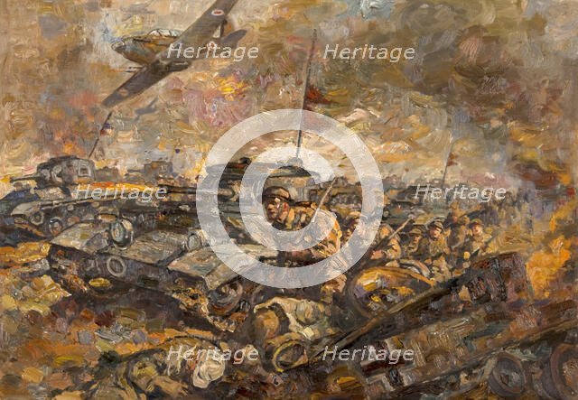 British soldiers and tanks advancing, between 1939 and 1946. Creators: Central Office of Information, Unknown.