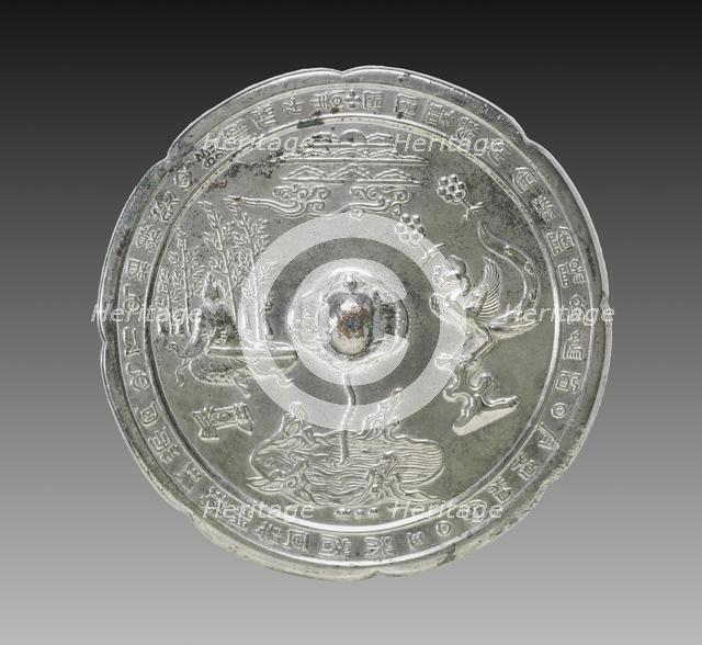 Lobed Mirror with a Tortoise Knob, a Musician, and a Phoenix, late 700s. Creator: Unknown.
