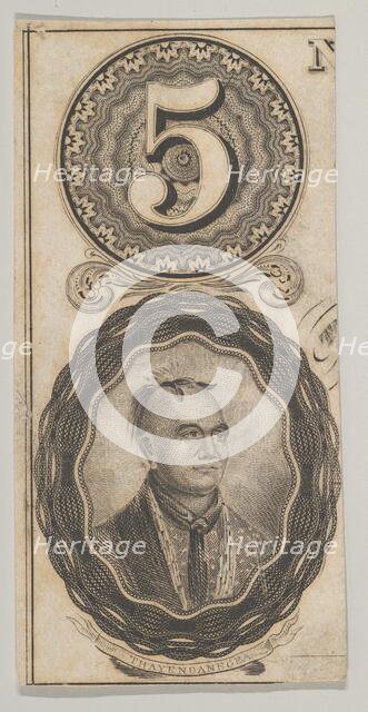 Banknote motifs: the number 5 and a portrait of Thayendanegea, ca. 1824-37. Creator: Attributed to Asher Brown Durand.