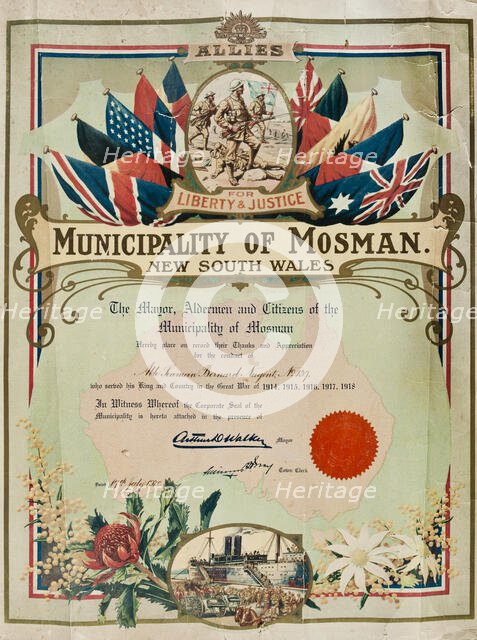 Certificate presented to Bernard Laurence 'Barney' Nugent from the Municipality of Mosman, July 1920 Creator: Murphy.