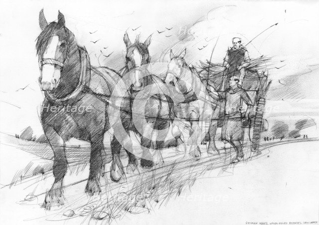 Heavy horses pulling a haycart or goods wagon driven by two Cistercian monks. Artist: Ivan Lapper.