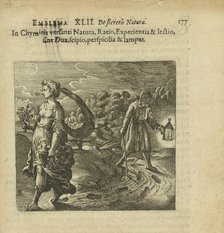Emblem 42. To him who is in Chymicis be nature, reason, experience and reading..., 1816. Creator: Merian, Matthäus, the Elder (1593-1650).