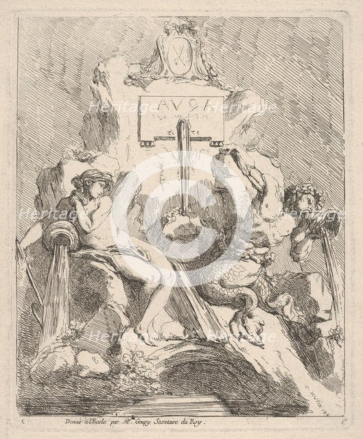 Design for a fountain with a seated nymph at left and triton holding a shell to his mouth ..., 1768. Creator: Charles Hutin.