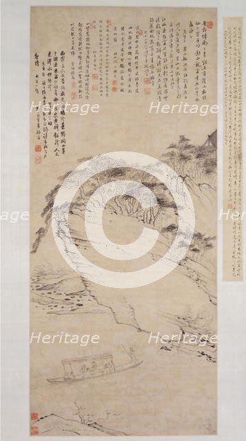 Boating on a River Beneath a Cliff, datable to 1673. Creator: Mei Qing.