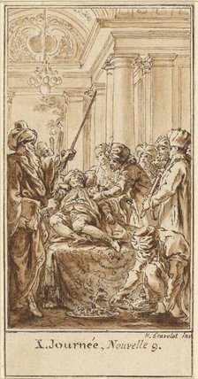 Tenth Day, Ninth Story: Saladin Bestows Rich Gifts on the Sleeping Torello, c. 1757. Creator: Hubert Francois Gravelot.