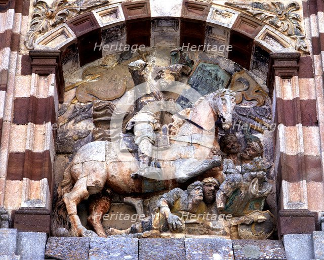 Equestrian figure on the façade of the Monastery of San Pedro de Cardena, Trappist abbey located …