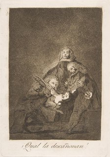 Plate 21 from ' Los Caprichos': How they pluck her! (¡Qual la descañonan!), 1799. Creator: Francisco Goya.