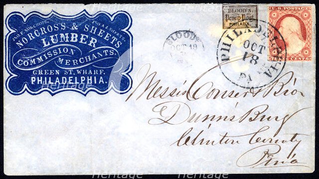 3c Washington with Blood's Penny Post carrier stamp on cover, 1853. Creator: Unknown.