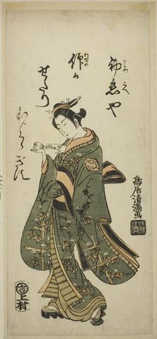The Actor Nakamura Matsue as Oshichi in the play "Fujibumi Sakae Soga," performed at the..., 1763. Creator: Torii Kiyomitsu.