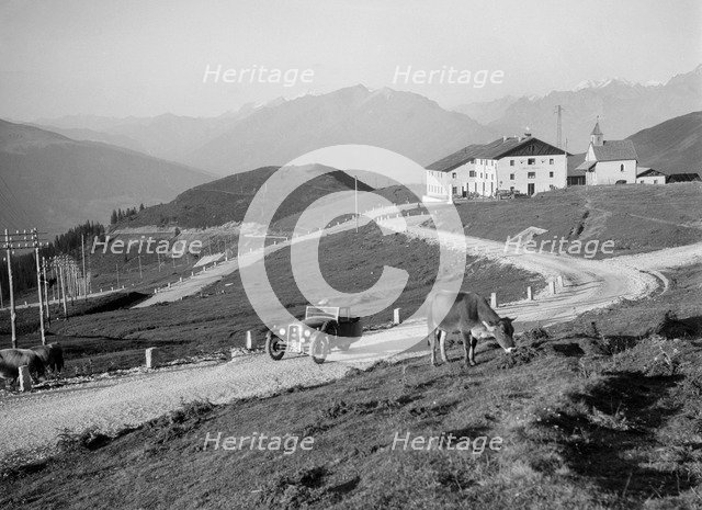BSA 3-wheeler competing in the International Six Days Trial, Italian Tyrol, early 1930s. Artist: Bill Brunell.