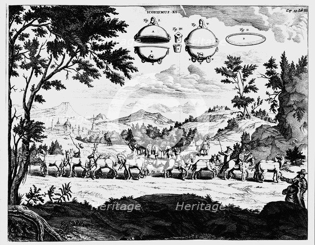 Von Guericke's demonstration of the strength of air pressure, 1672. Artist: Unknown