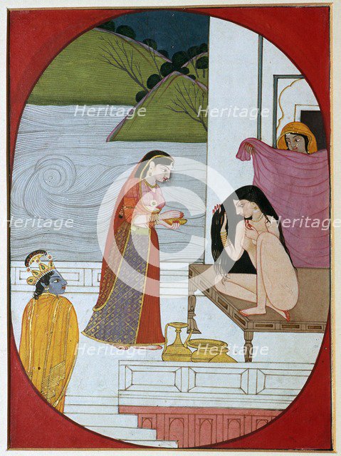 Painting of the god Khrishna watching Radha at her bath, 19th century. Artist: Unknown