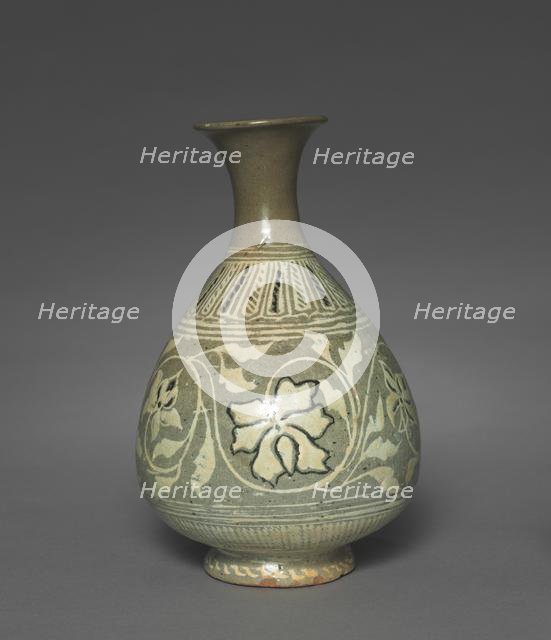 Bottle Inlaid with Peony and Scroll Design, 1400s. Creator: Unknown.