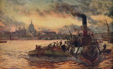 'Towing Past The City',  c1870-1880, (c1915). Artist: William Lionel Wyllie.