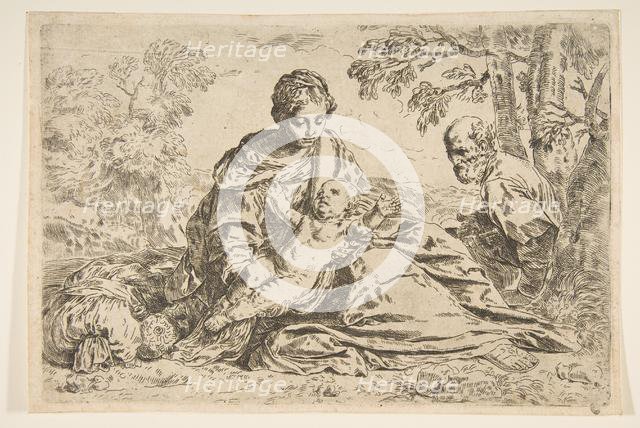 Rest on the flight into Egypt, Mary holding the infant Christ with St. Joseph ..., ca.1640 or after. Creator: Unknown.