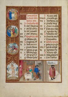 January Calendar Page: Feasting and Warming: Aquarius; Spinola Hours, about 1510-1520. Creator: Workshop of Master of the First Prayer Book of Maximilian.