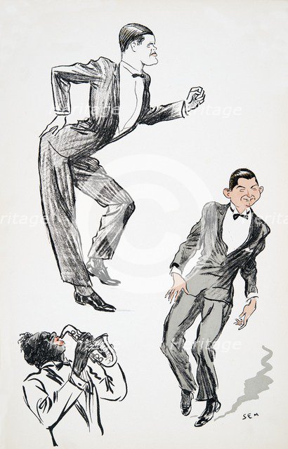 Two men in black tie dance to a musician on the saxophone, from 'White Bottoms' pub. 1927.