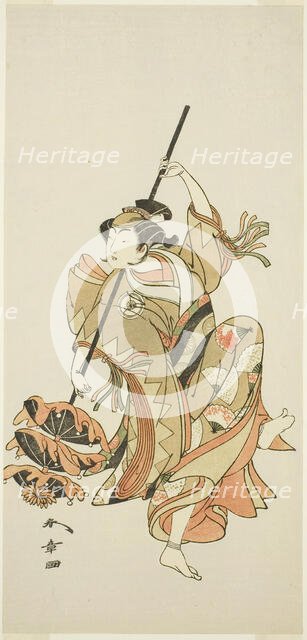 The Actor Iwai Hanshiro IV in the "Sangai-gasa" (Triple-Umbrella) Dance Interlude of..., c. 1771. Creator: Shunsho.