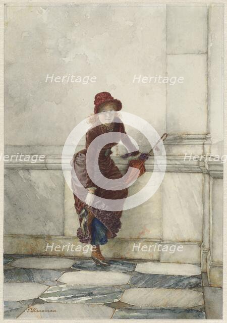 Standing young woman, leaning against wall, 1869-1892. Creator: Pieter Haaxman.