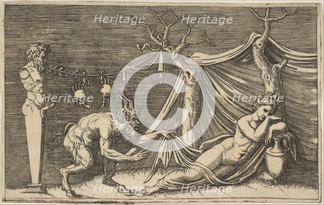 A satyr discovering a sleeping woman; two crabs hanging from a rope which is strung..., ca. 1515-27. Creator: Marco Dente.