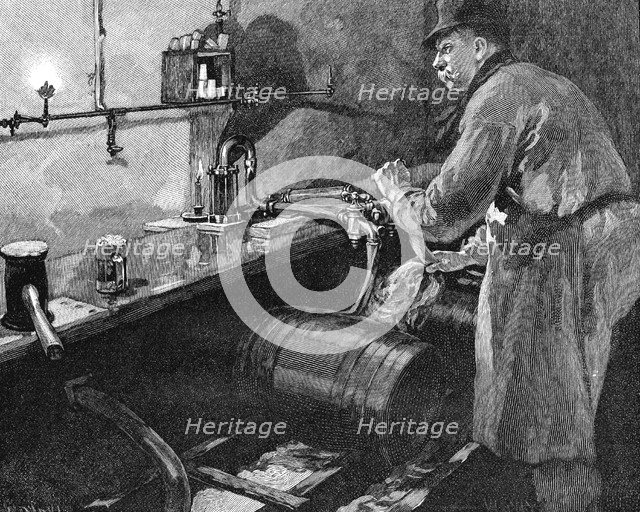Filling beer barrels in an American brewery, 1885. Artist: Unknown