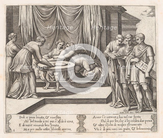 Plate 8: Psyche seated at a table attended by invisible servants, as Cupid rests his he..., 1530-60. Creator: Master of the Die.