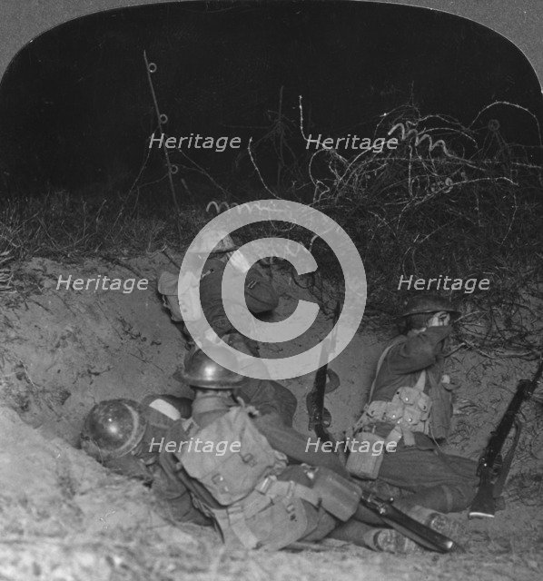 Listening post in a shell hole in No Man's Land, near Lagnicourt, France, World War I, c1914-c1918. Artist: Realistic Travels Publishers