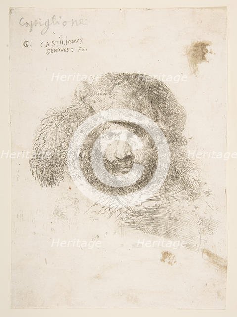 Head of a man wearing a feathered cap (possibly Bernini, possibly a self portrait..., ca. 1645-1650. Creator: Giovanni Benedetto Castiglione.