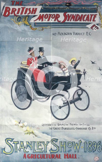 Poster advertising the British Motor Syndicate Stanley Show, 1896. Artist: Unknown