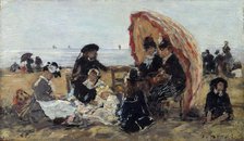 Sur la plage de Trouville à l'abri du parasol, 1885. Creator: Boudin, Eugène-Louis (1824-1898).
