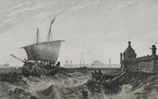 View of the old Stock Exchange building and glimpse of Peter and Paul Fortress..., 1839. Creator: Augustin François Lemaitre.