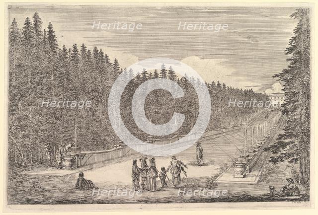 An alley of fountains, a group of people in center, a man and dog seated to right, two..., ca. 1653. Creator: Stefano della Bella.