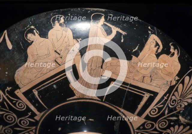 Greek Vase Painting of a Banquet, found in Etruscan tomb, Villa Giulia, Rome, c6th century BC.