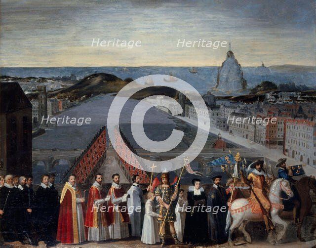 Procession of the Parisian brotherhood of Mont Saint-Michel pilgrims on the Pont..., c1610-1620. Creator: Unknown.