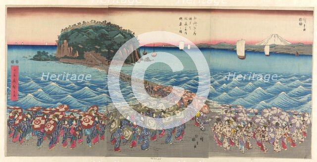 Crowd Visiting Benzaiten Shrine at Enoshima in Sagami Province (Soshu Enoshima..., c. 1847/52. Creator: Ando Hiroshige.