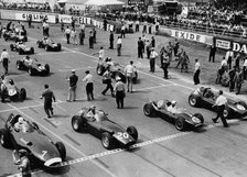 Starting grid,1958 British Grand Prix at Silverstone, Hawthorn in Ferrari number 1. Creator: Unknown.