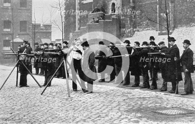 Army reserve men at musketry drill at the Tower of London, 1896. Artist: W Gregory