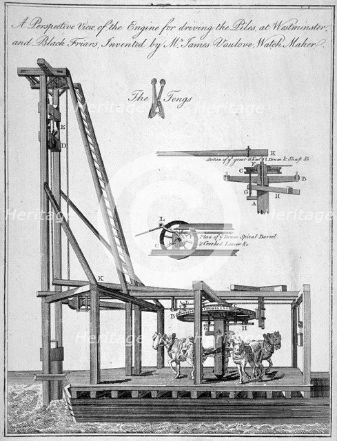 Perspective view of the engine used for driving the piles of Westminster Bridge, London, c1765. Artist: Anon